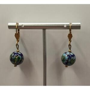 vintage Cloisonne Dark Blue Bead Green Flowers Pattern Floral Dangle Earrings